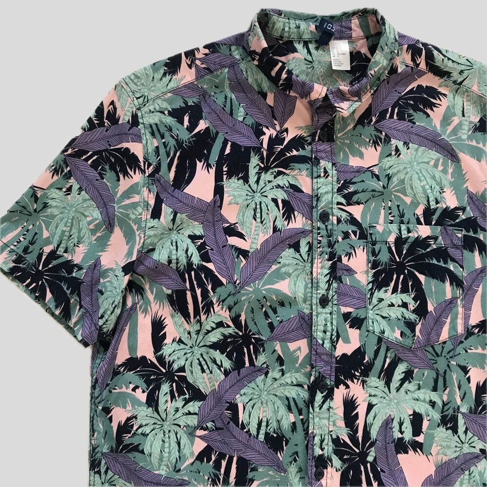 H&M Retro 80s 90 Neon Pink Cotton Short Sleeve Hawaiian Shirt Mens Size L
